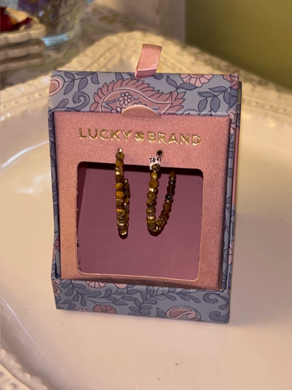Lucky Brand tiger's eye beaded small hoop earrings new in box